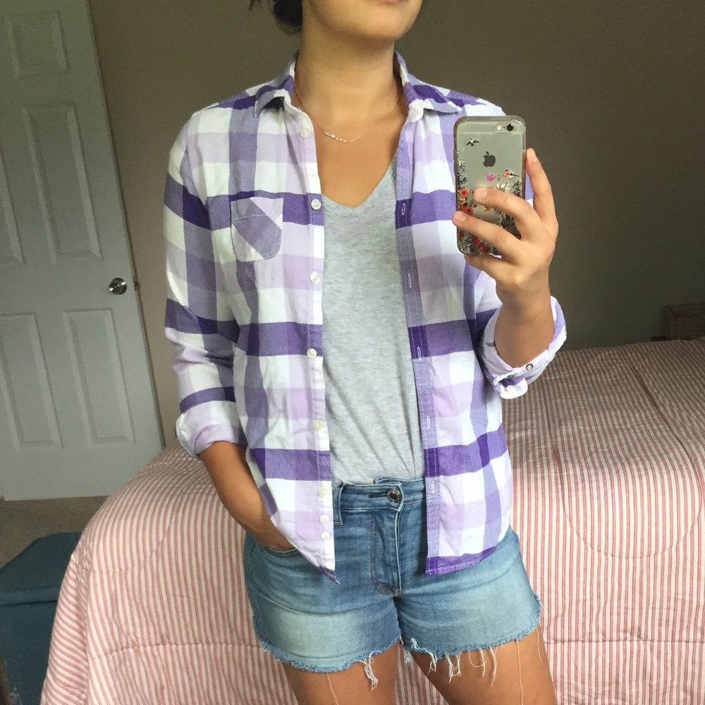 AE Womens 8 Purple Plaid Button Down Shirt